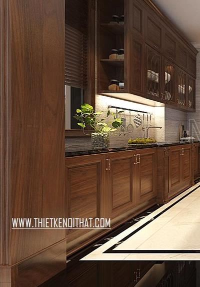Tủ bếp gỗ óc chó tự nhiên nhập khẩu tại biệt thự Vinhomes GreenBay 