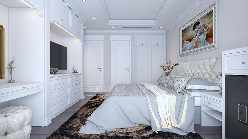 Phong cách tân cổ điển với gam màu trắng này sẽ giúp phòng ngủ của căn hộ Times City này thêm hoàn hảo Thiết kế chung cư