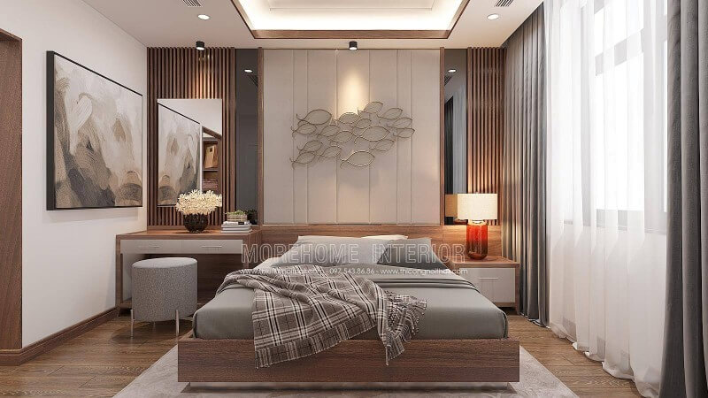 Giường gỗ óc chó veneer hiện đại, nệm ốp tường đẹp, gương ốp tường trên nền gỗ kẻ sọc hay chiếc bàn ngồi độc đáo trên khối trụ tròn là ghế ngồi sẽ là những điểm đặc biệt trong xu hướng bố trí nội thất phòng ngủ đẹp, sang trọng dành cho nam giới. Thiết kế nội thất biệt thự
