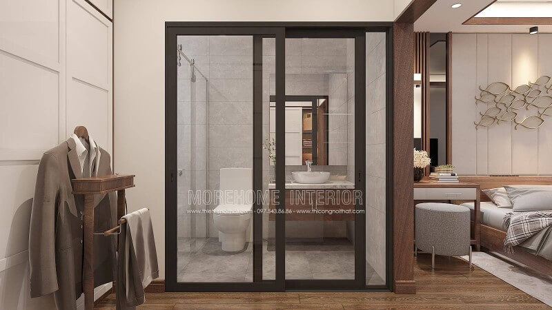 Hiện nay có rất nhiều sự lựa chọn như cửa mở hay vách tắm kính có các loại như vách tắm kính vuông, 180độ, 135 độ hay vị trí để tủ quần áo tuy nhiên với ý tưởng thiết kế phòng ngủ nam khép kín trong biệt thự Vinhomes Imperia Hải Phòng trong đây sẽ là ý tưởng khá thú vị. Thiết kế nội thất biệt thự