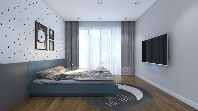 Đối với phòng bé dưới 6 tuổi, ý tưởng trang trí đơn giản nhưng không kém phần sinh động từ giấy dán tường hình tim, tranh hình con vật ngộ nghĩnh Thiết kế nội thất biệt thự