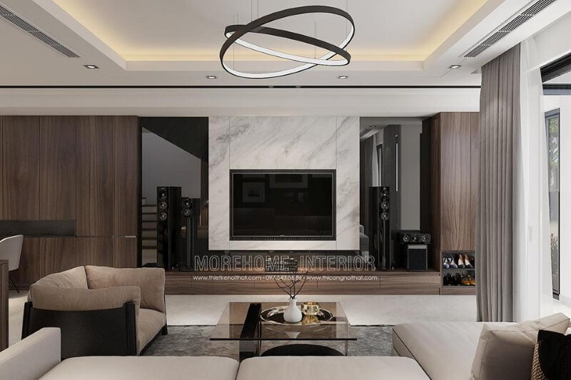Đá ốp phòng khách trắng vân mây đẹp sang trọng lựa chọn ấn tượng cho phòng khách hiện đại. Thiết kế nội thất biệt thự