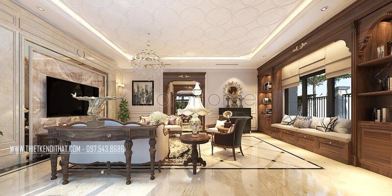 Mẫu kệ decor gỗ óc chó tự nhiên cao cấp cho không gian phòng khách biệt thự