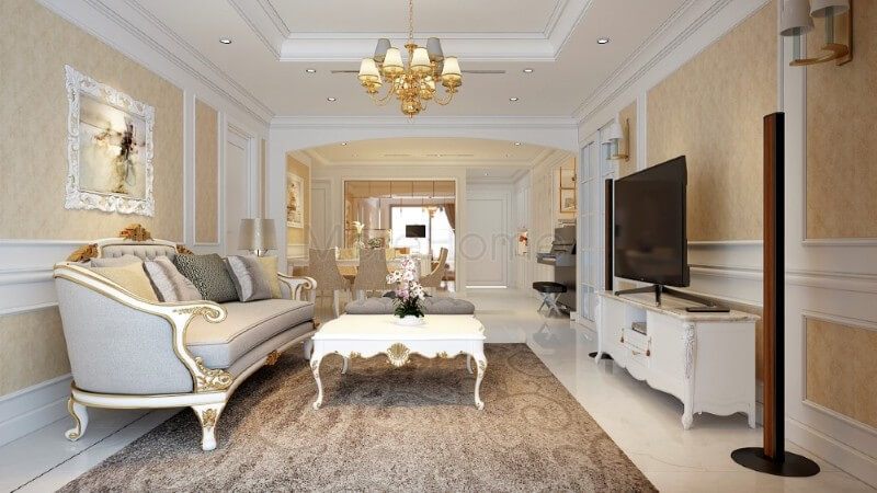 Nội thất phòng khách của chung cư tân cổ điển được thiết kế với phong cách đẹp quý phái và sang trọng.